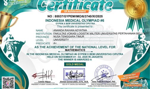 Mahasiswa Fakultas Vokasi Logistik Militer Unhan RI Raih Medali Emas Bidang Matematika di Indonesia Medical Olympiad Vol.6