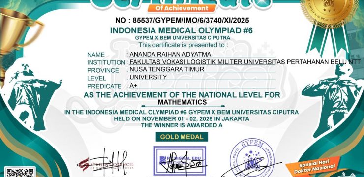 Mahasiswa Fakultas Vokasi Logistik Militer Unhan RI Raih Medali Emas Bidang Matematika di Indonesia Medical Olympiad Vol.6
